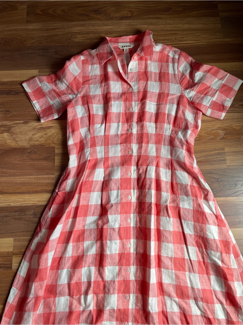 Boden Gingham Rose Red Louise 100% Linen Midi Shirt Dress Size 12R - Picture 4 of 8